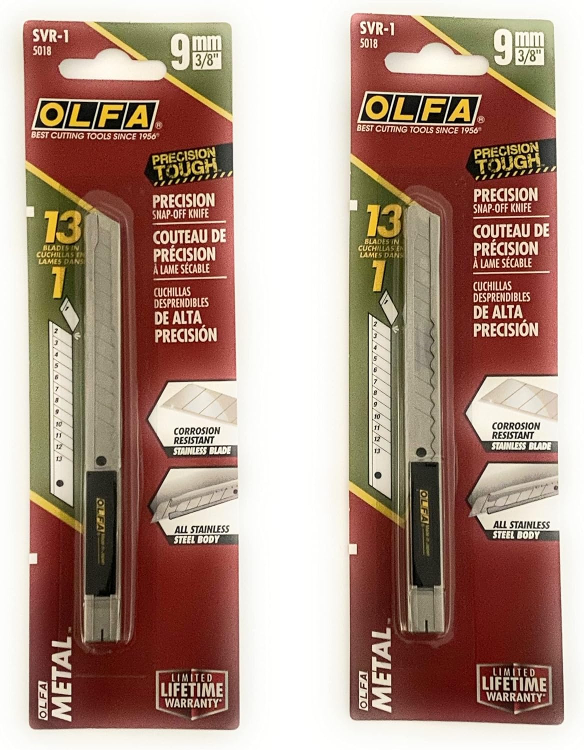O L F A 5018 SVR-1 – Cuchillo utilitario de acero inoxidable con bloqueo deslizante de 0.354 in (paquete de 2), color negro, plateado