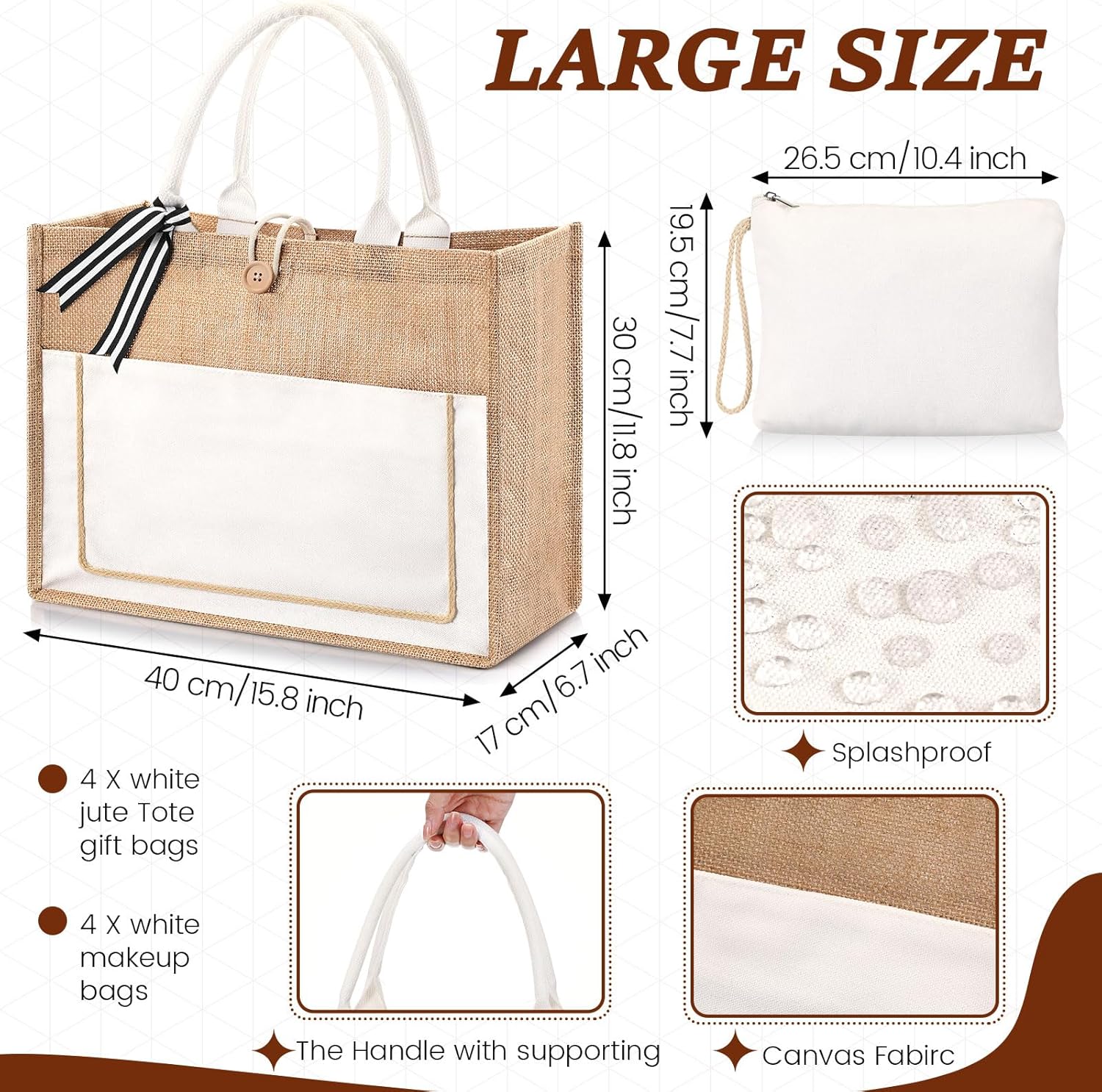 Chunful 4 bolsas de arpillera con asa, bolsa de regalo a granel para mujeres, bolsa de playa de lona de boda, bolsa de yute de arpillera, bolsa de