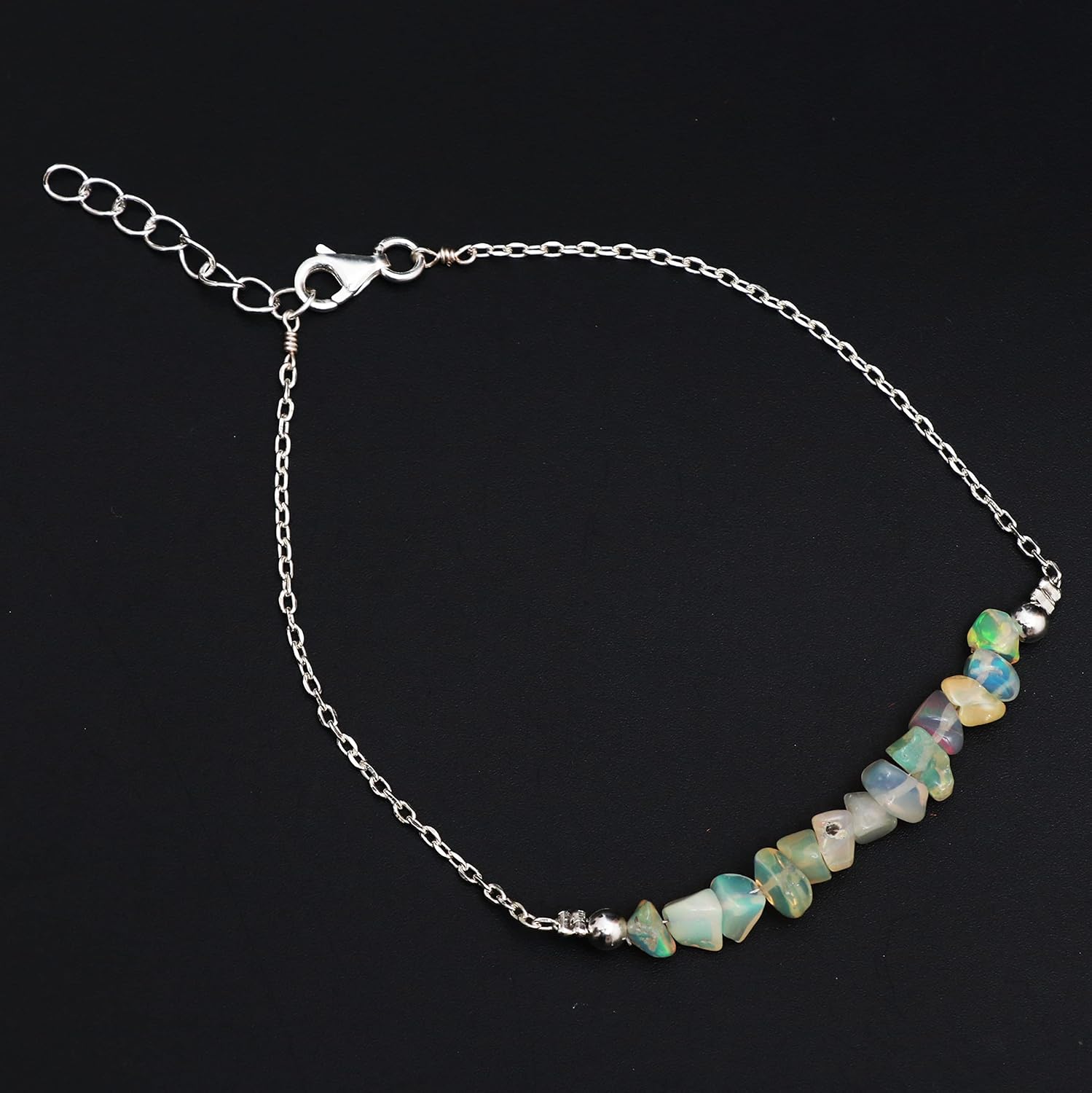 GemInspire 925 Sterling Silver Natural Ethiopian Opal Chips Bar Bracelet, Dainty Bracelet, Silver Jewelry Gift For Her (Ethiopian Opal)