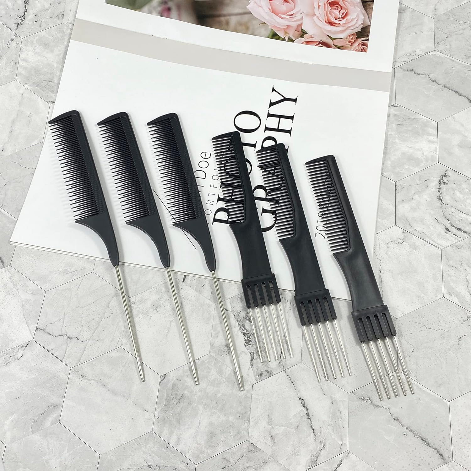 6 peines para el cabello, incluyendo 3 peines de cola de rata, 3 peines de elevación con punta de metal, peines de espalda para mujer, peinado de
