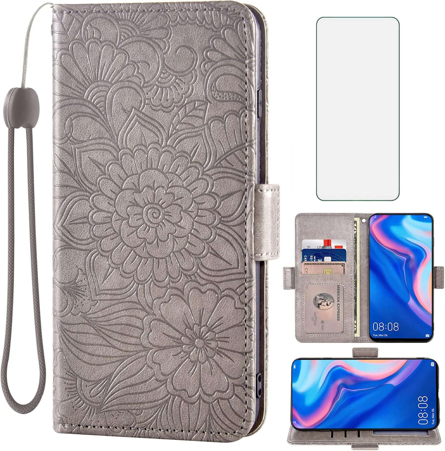 Asuwish Compatible con Huawei Y9 Prime 2019Honor 9XP Smart Z Wallet Case y protector de pantalla de vidrio templado, soporte para tarjetas, cubierta