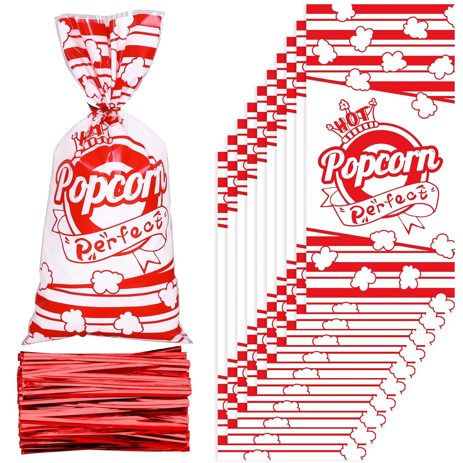 Whaline 150 bolsas de celofán de palomitas de maíz con rayas rojas y blancas, bolsas de golosinas de palomitas de maíz, bolsa de fiesta, bolsas de