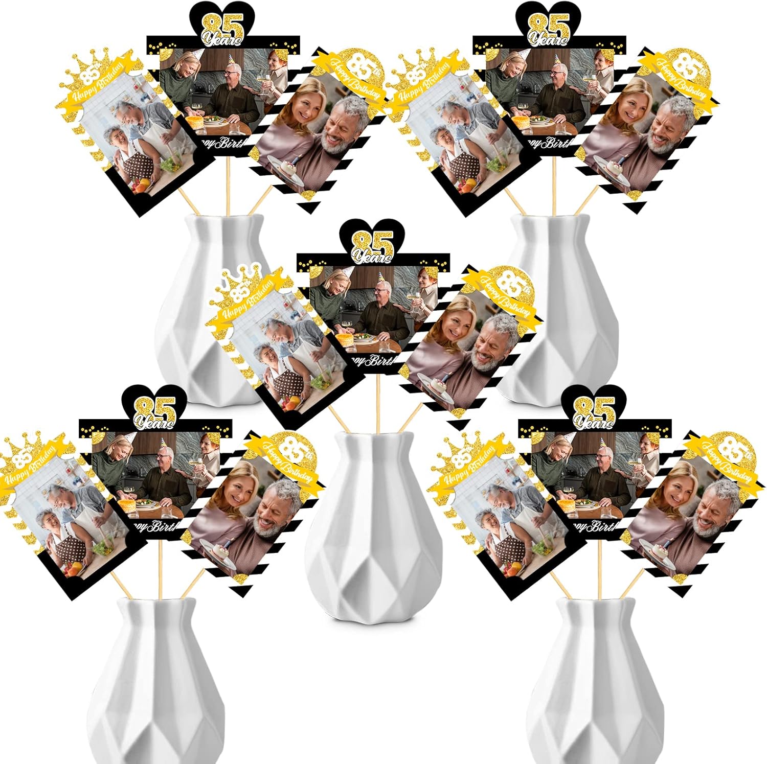 MEFENG 15 palitos para centro de mesa de fiesta de cumpleaños 85, color negro y dorado, decoración de mesa para fotos de cumpleaños de 85 años,