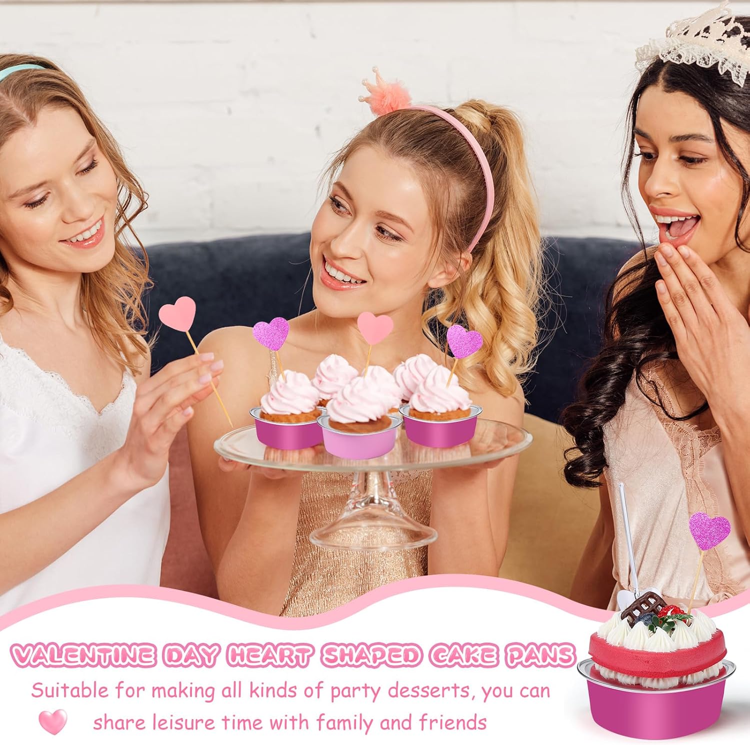 El juego de moldes para tartas de corazón de San Valentín incluye mini moldes de aluminio, cuchara de plástico, decoración de cupcakes, tazas de