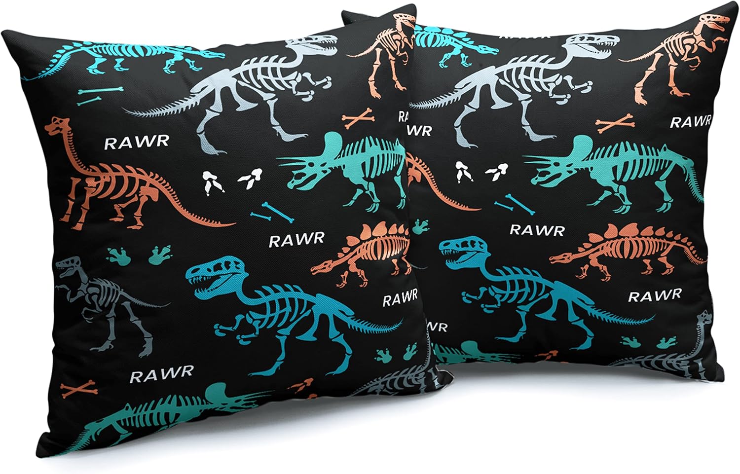 Juego de 2 fundas de almohada de calavera de dinosaurio azul de 16 x 16 pulgadas, fundas de almohada cuadradas de lino abstracto con huesos de