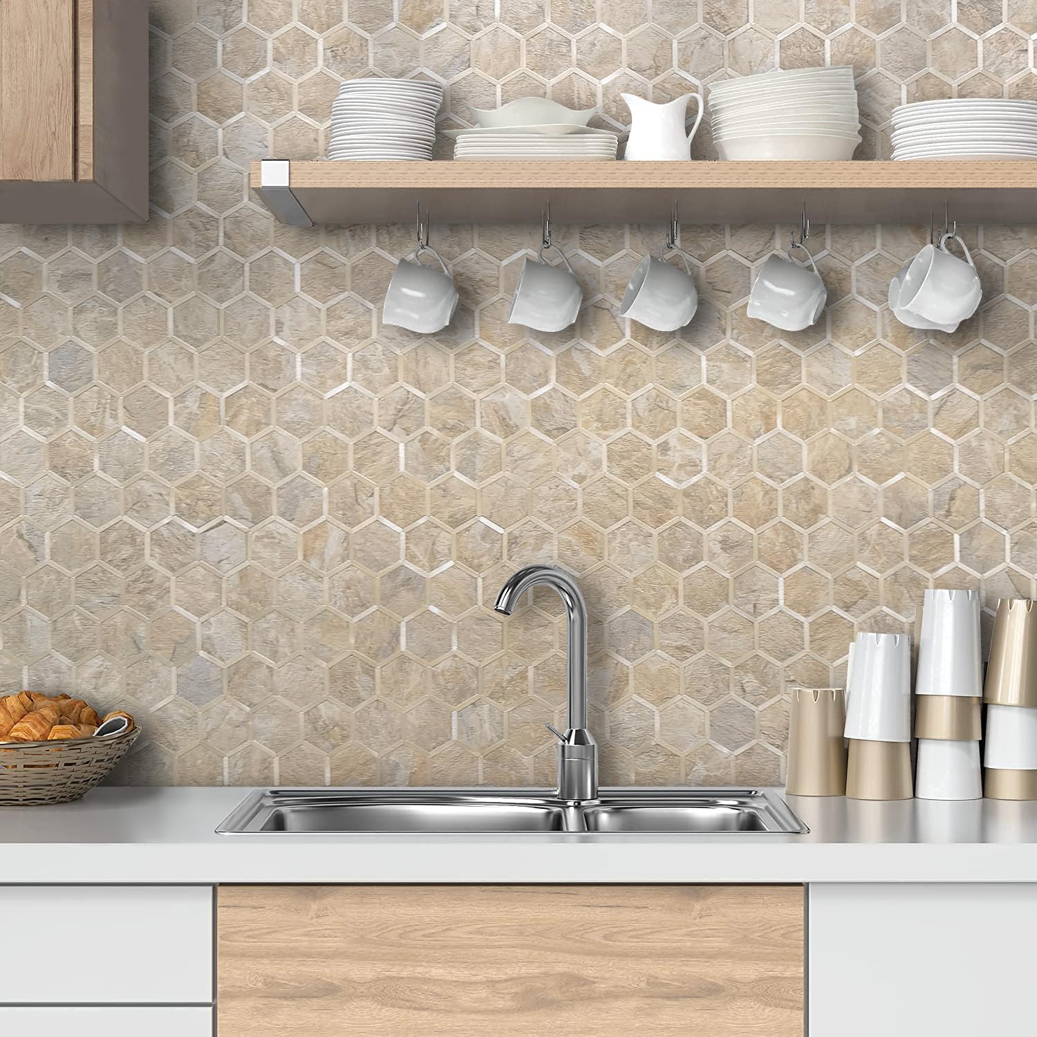 DICOFUN Azulejos hexagonales para salpicaduras, aspecto de piedra arenisca con azulejos de pared dorados claros para cocina, 1 unidad