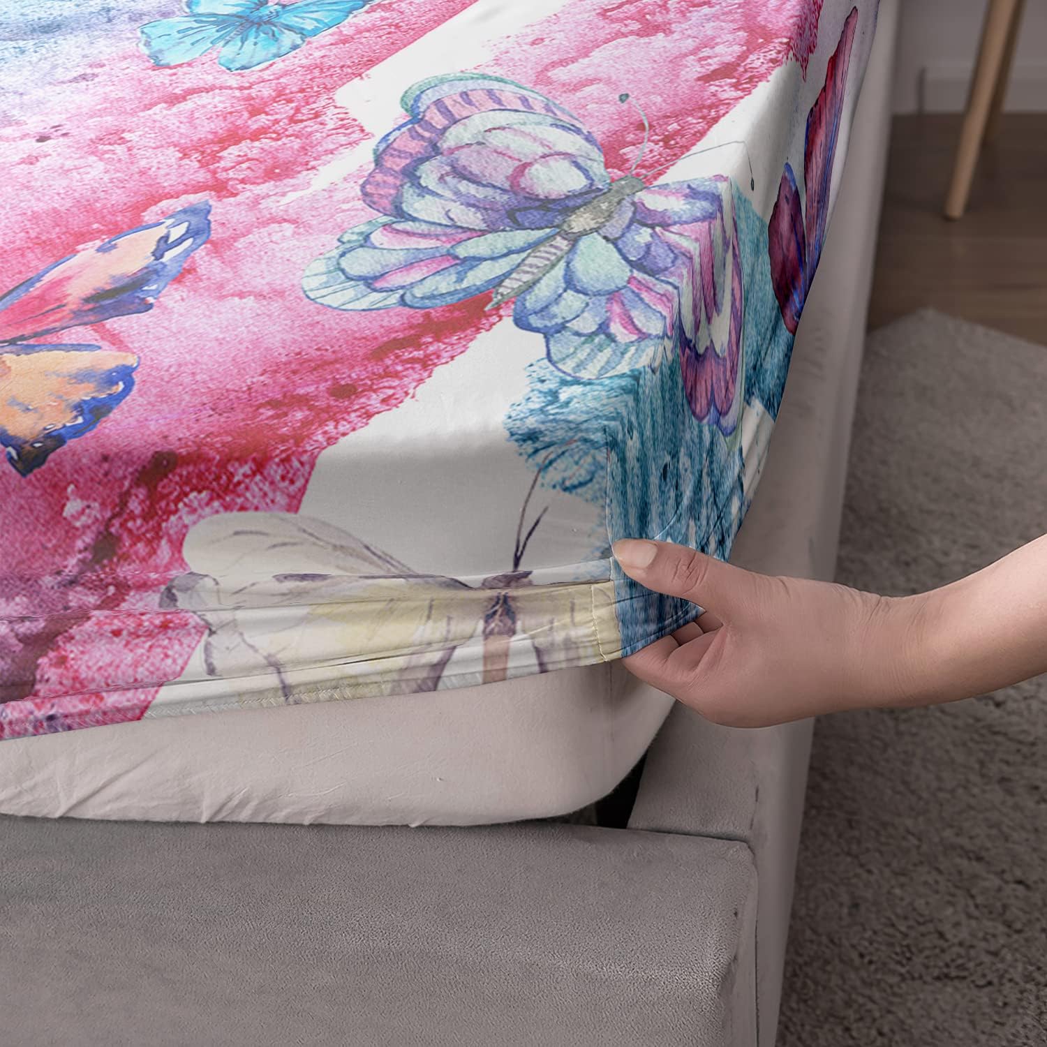 AILONEN Sábana bajera de mariposa, sábanas de mariposa para niños, niñas y adolescentes, juego de sábanas con estampado de mariposas azules y