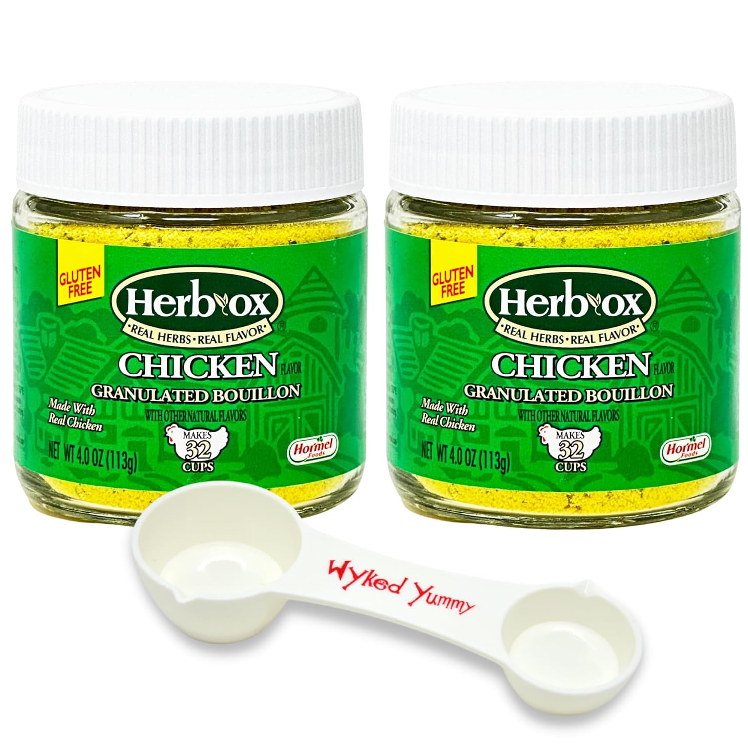 Paquete de polvo de caldo de pollo Herb Ox con (2) frascos de 4 onzas de gránulos de caldo de pollo sin gluten Herbox y (1) Una cuchara medidora