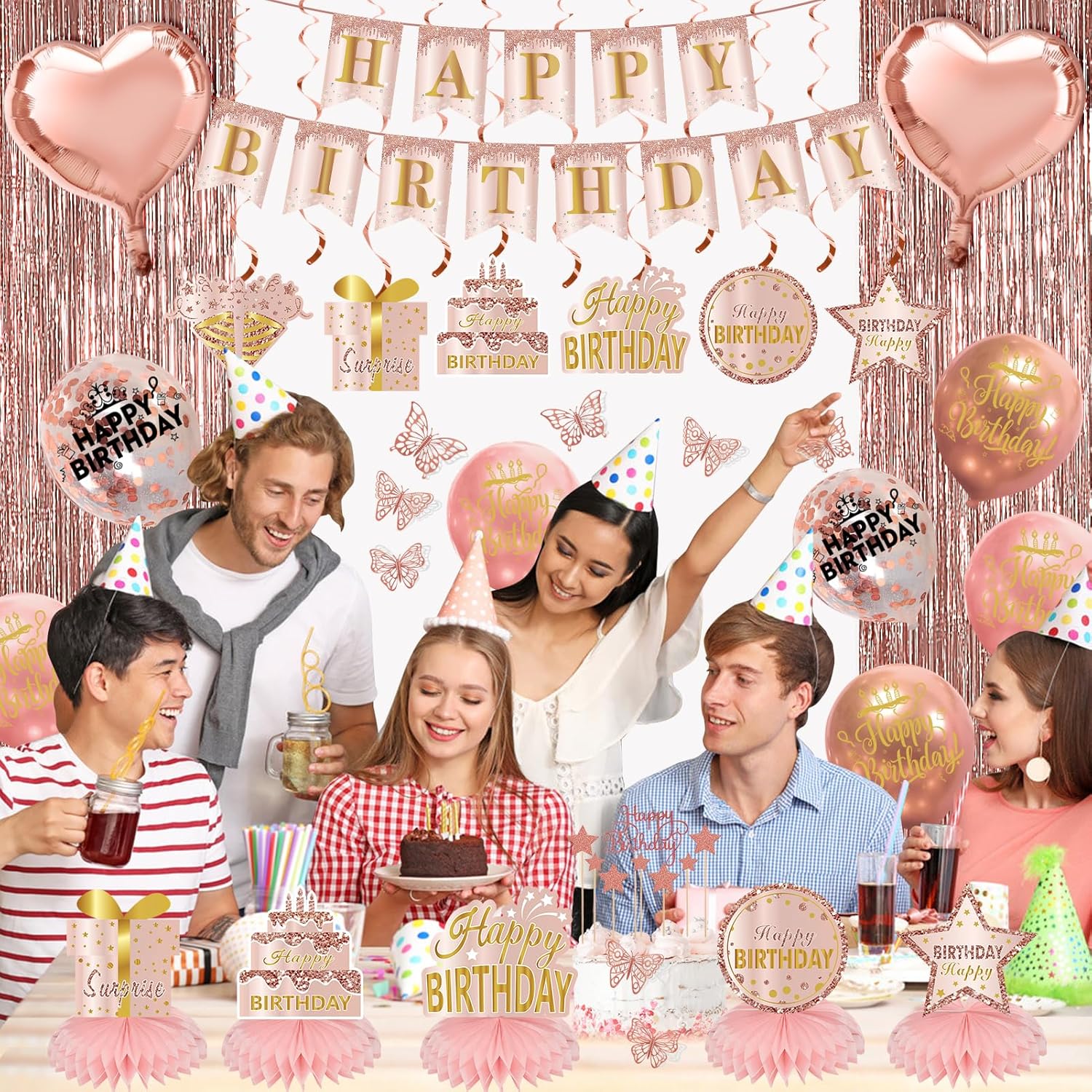 Kit de decoración de cumpleaños de 106 piezas de oro rosa para niñas y mujeres, pancarta rosa de feliz cumpleaños, globo, panal, centro de mesa,