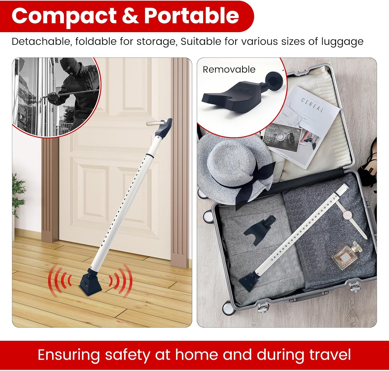 SMOOKY Barra de seguridad para puerta 2 en 1 con alarma y barra de seguridad ajustable para puerta corredera, alarma audible de 120 db, se ajusta