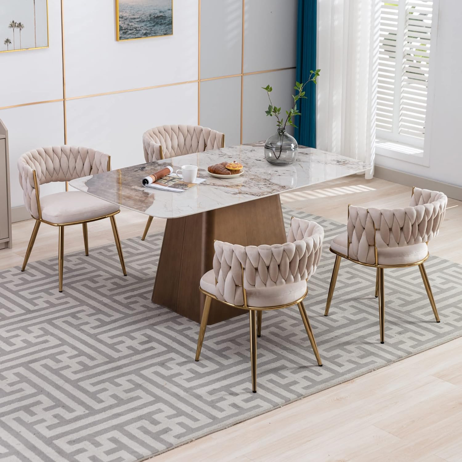KCC Juego de 2 sillas de comedor modernas de terciopelo, sillas tapizadas para sala de estar con respaldo tejido y patas de metal dorado, silla