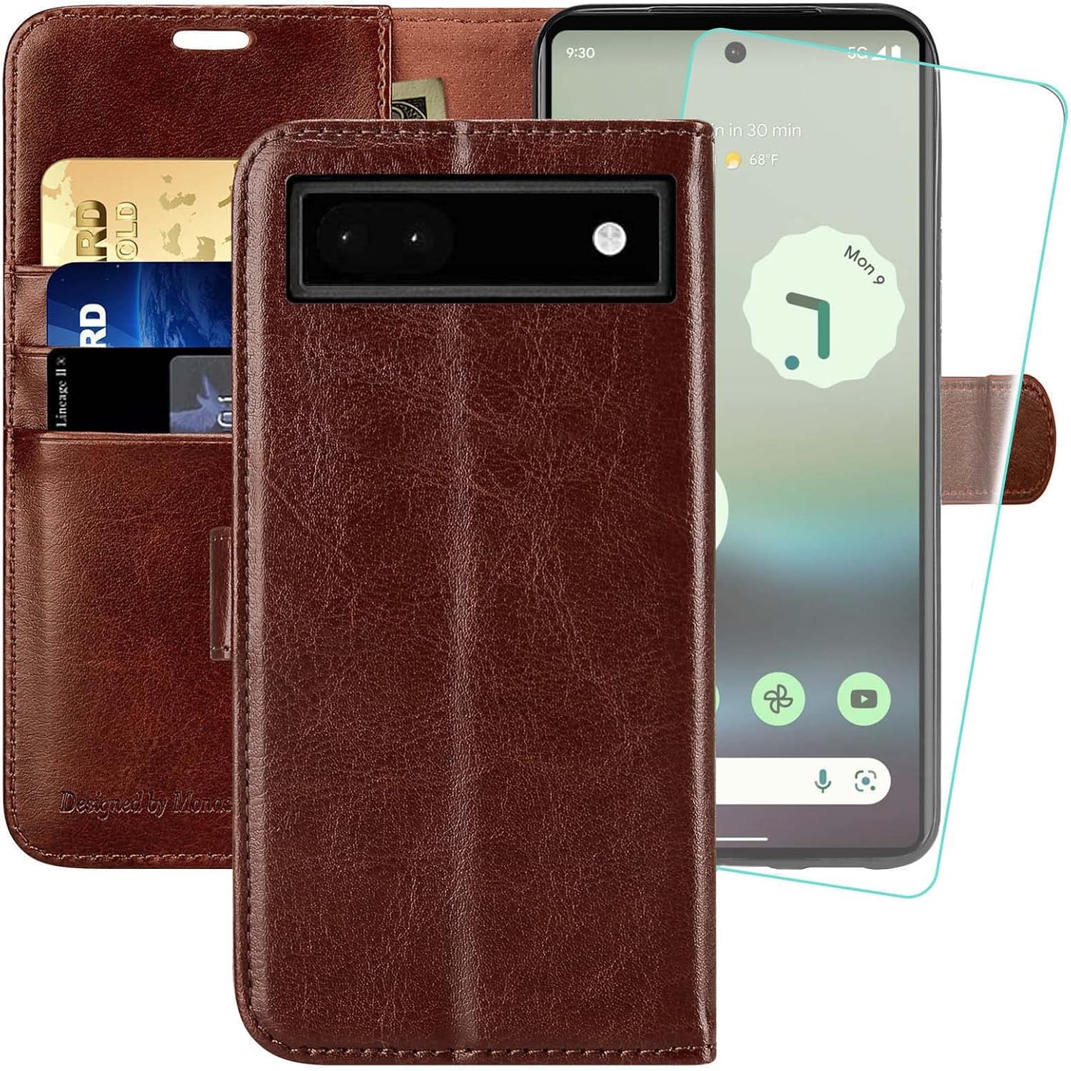 MONASAY Funda tipo cartera compatible con Google Pixel 6a, bloqueo RFID, protector de pantalla incluido, funda de piel con tarjetero y tarjetero de
