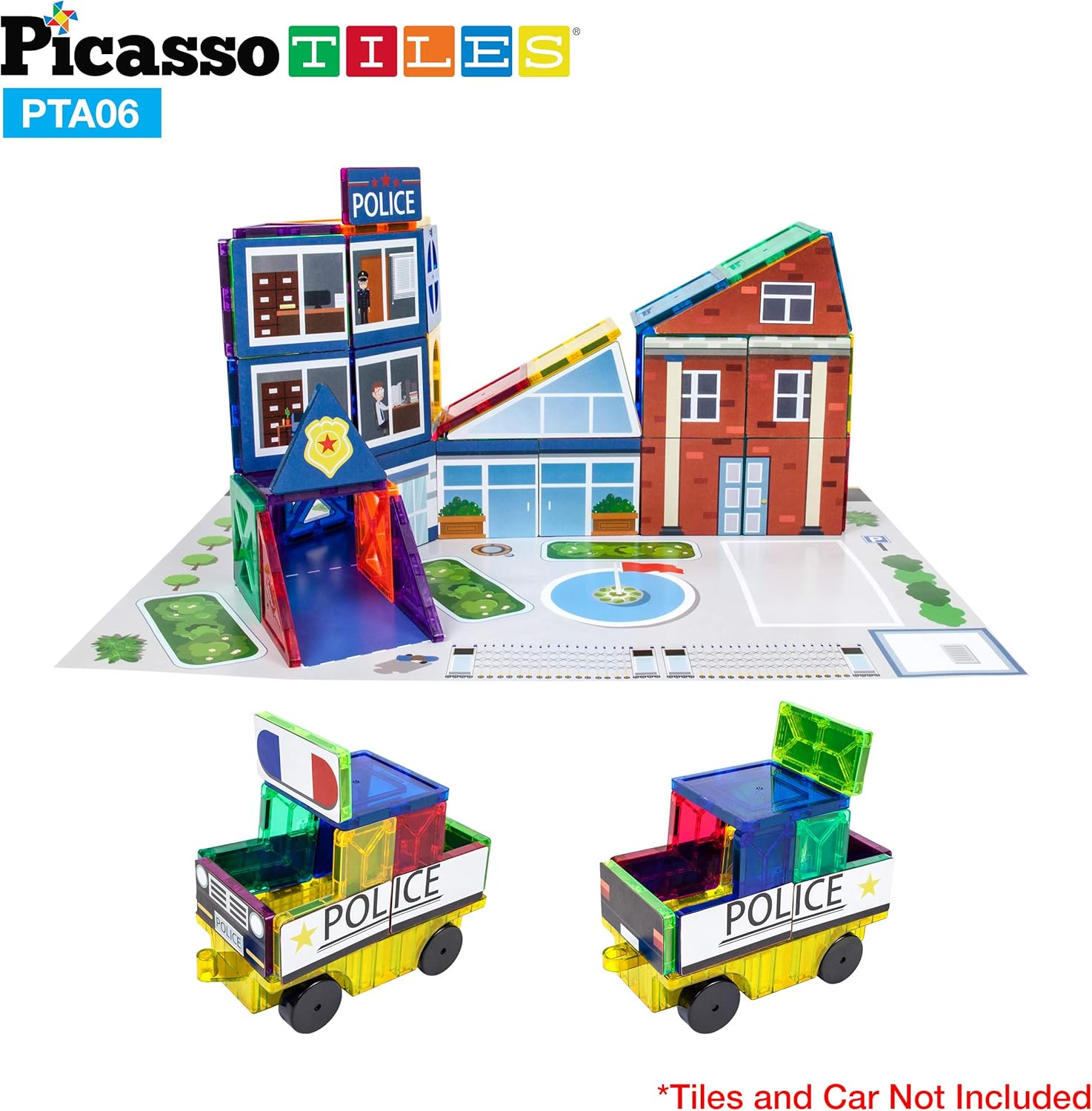 PicassoTiles Juego de 80 piezas para escuela, hospital, estación de policía 3 en 1, imán temático autoadhesivo con parte trasera adhesiva,