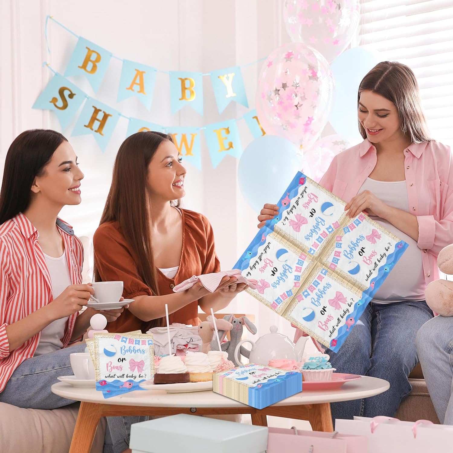 Decoración de fiesta de revelación de género, 40 servilletas o lazos, servilletas de papel de pesca, decoración de mesa para niño o niña, decoración