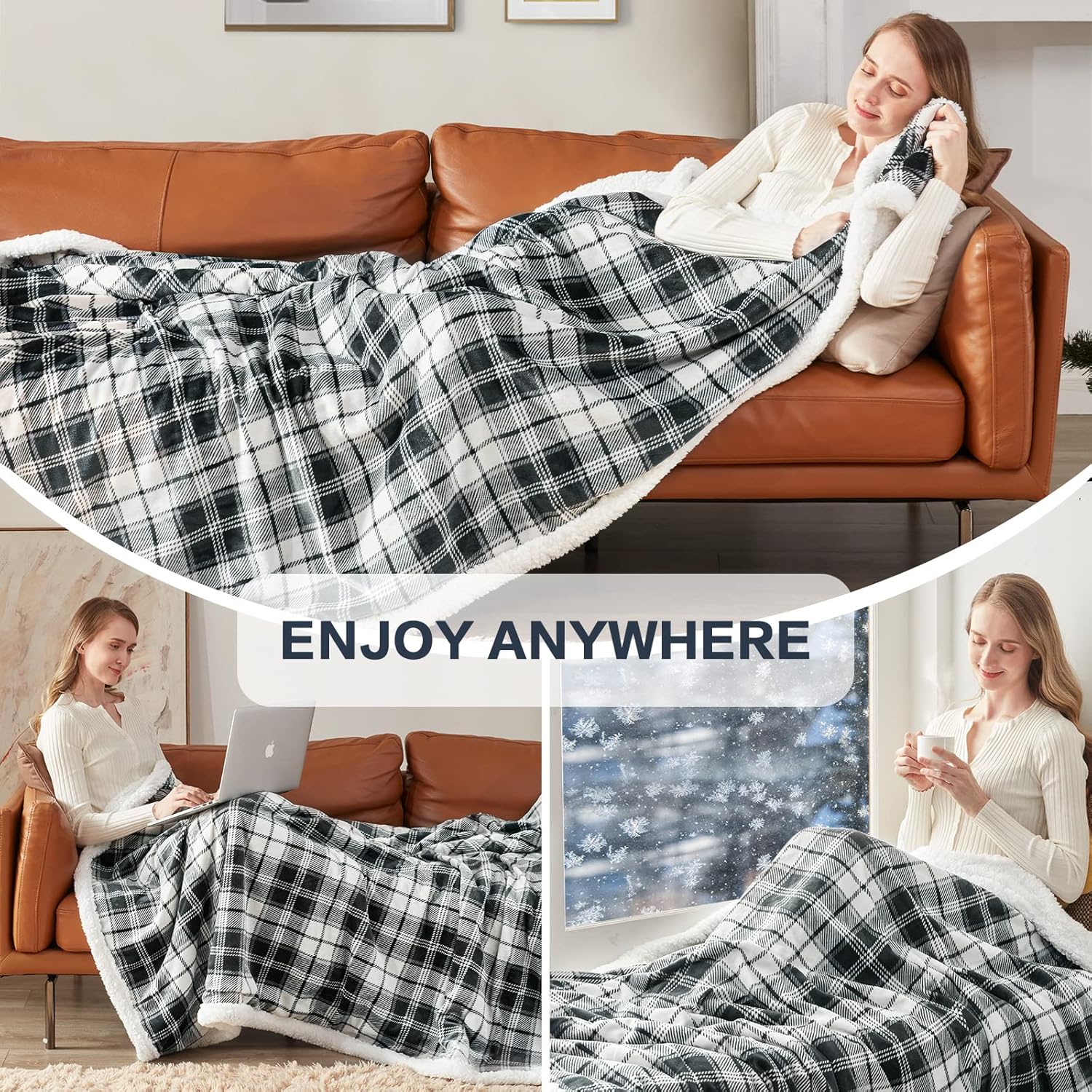 inhand Manta sherpa, a cuadros, cálida, acogedora, suave, para sofá, cama, sofá, manta reversible de franela de felpa esponjosa para adultos,