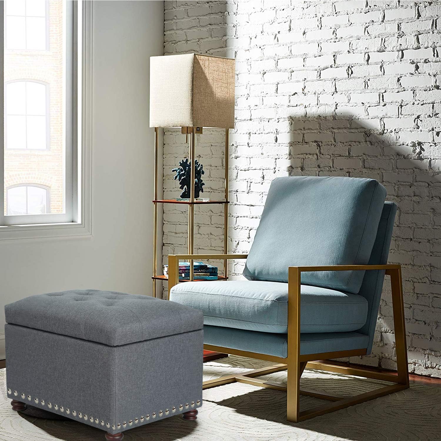 Joveco Banco otomano de almacenamiento rectangular de tela, reposapiés, 24 pulgadas, moderno, copetudo, para dormitorio, asiento para entrada,