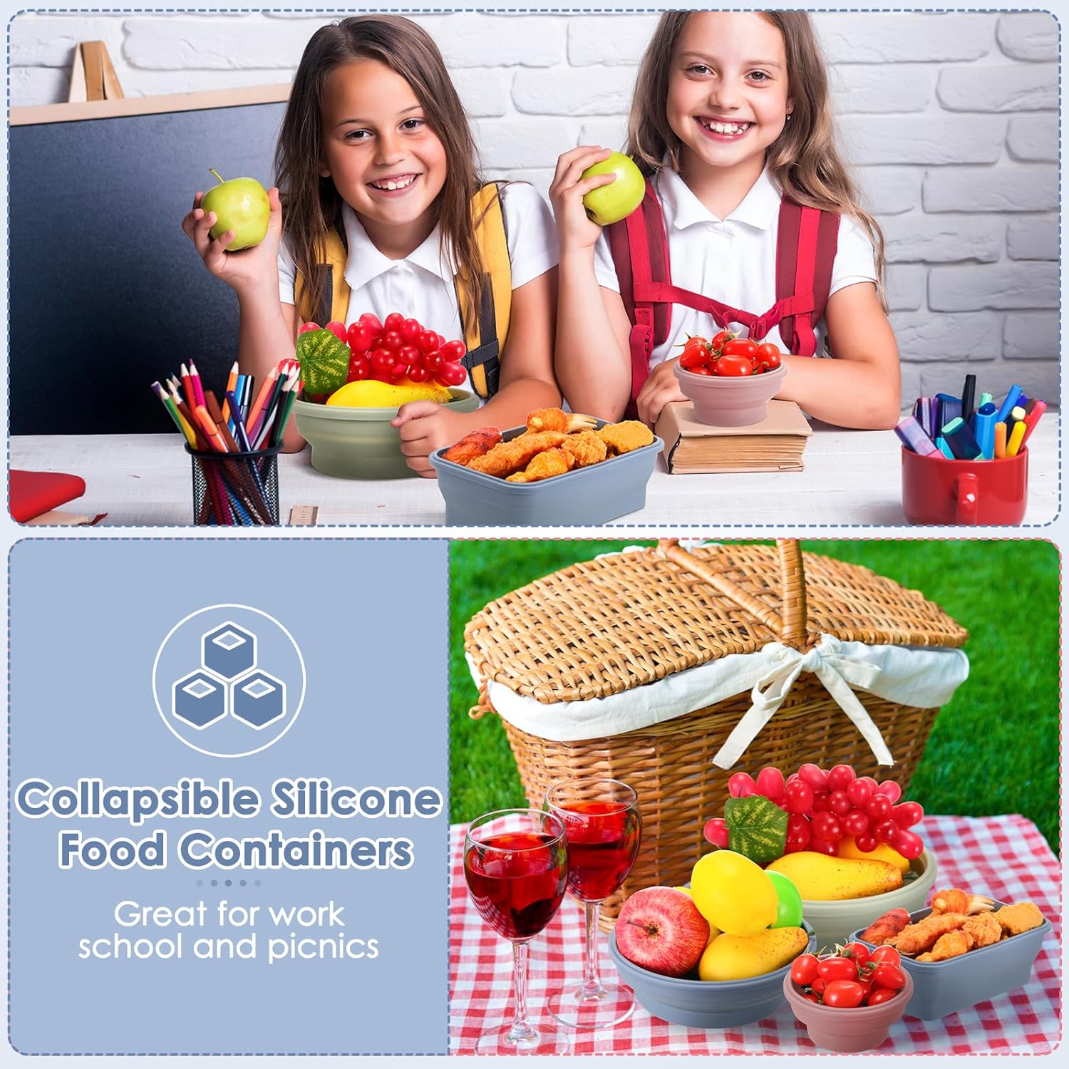 Nuanchu 8 recipientes plegables de almacenamiento de alimentos de silicona herméticos con tapas, rectangulares y redondos, apilables, para