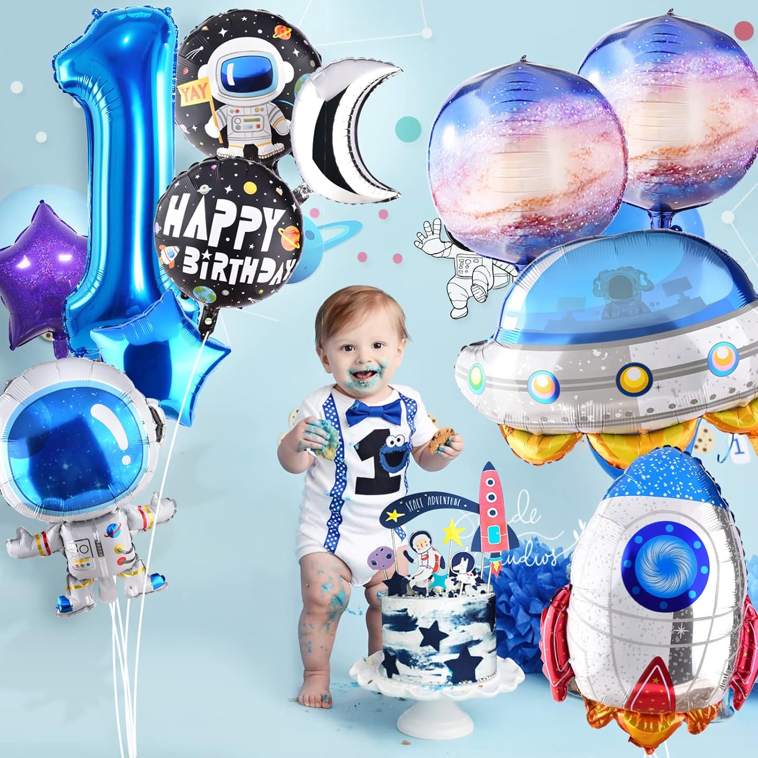 TMCCE 11 globos de aluminio con temática espacial para decoración de fiesta de cumpleaños con temática espacial de astronauta para el primer espacio