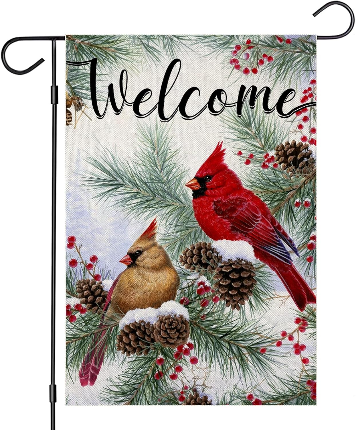 EKOREST Banderas de jardín de invierno de bienvenida para decoración exterior, bandera de patio pequeño con ramitas de pino cardenal, decoración de