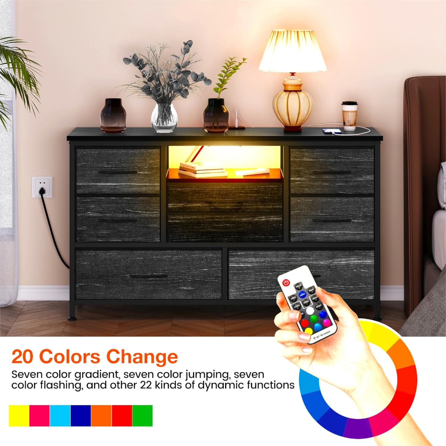 Soporte de TV de 8 aparadores con toma de corriente y LED para TV de 55 pulgadas, cómoda larga para dormitorio con 8 cajones profundos, mesa consola