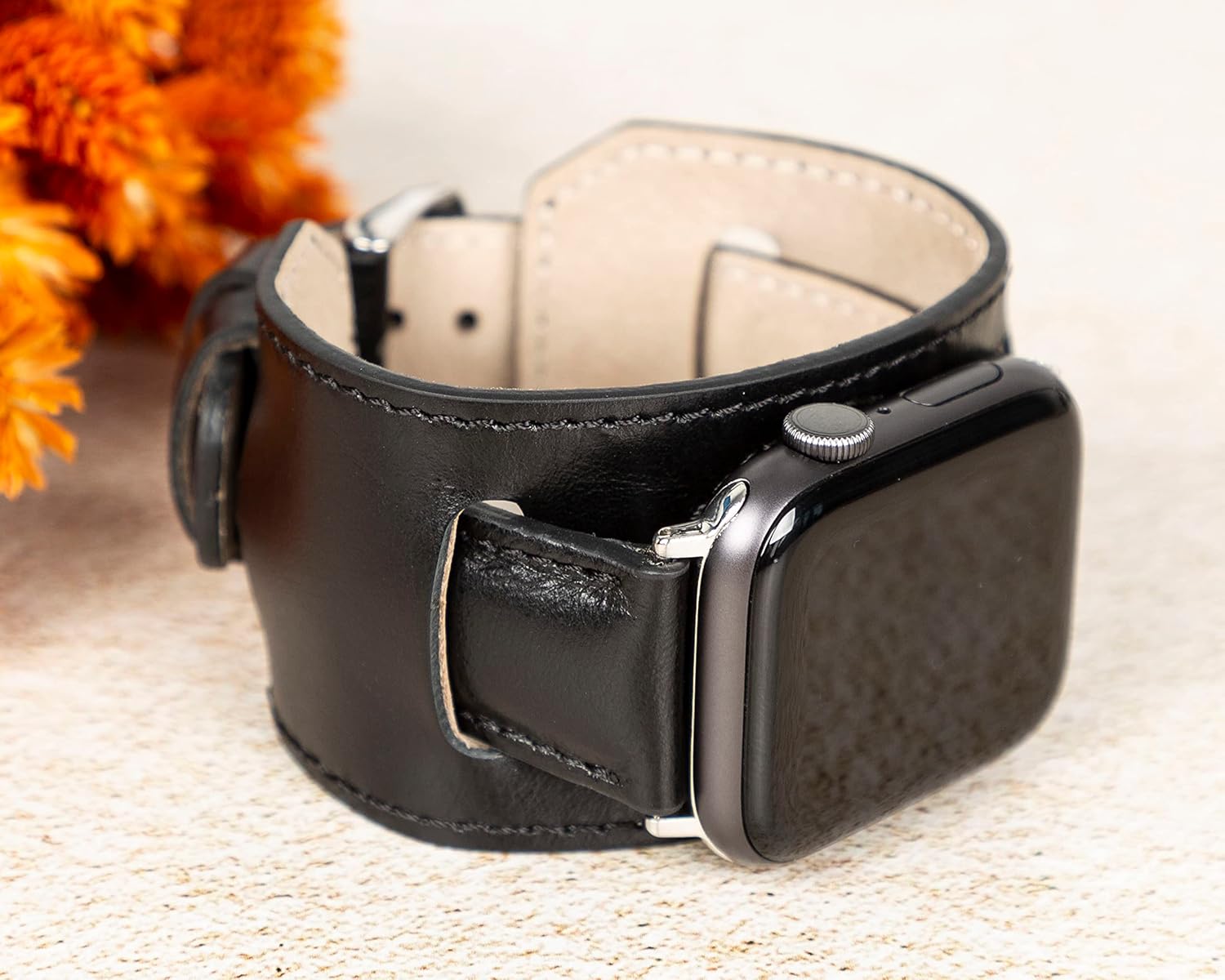 OXA Leather Cuff Watch Band Compatible with Apple Watch  Series 9 8 7 6 5 4 3 2 1 SE Ultra 1&2  Polished Stainless-Steel Buckle and Adapters  Men