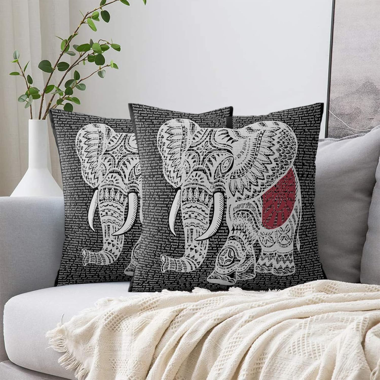 Fundas de almohada de elefante bohemio blanco vintage, funda de almohada de elefante bohemio sobre fondo de periódico negro, funda de almohada