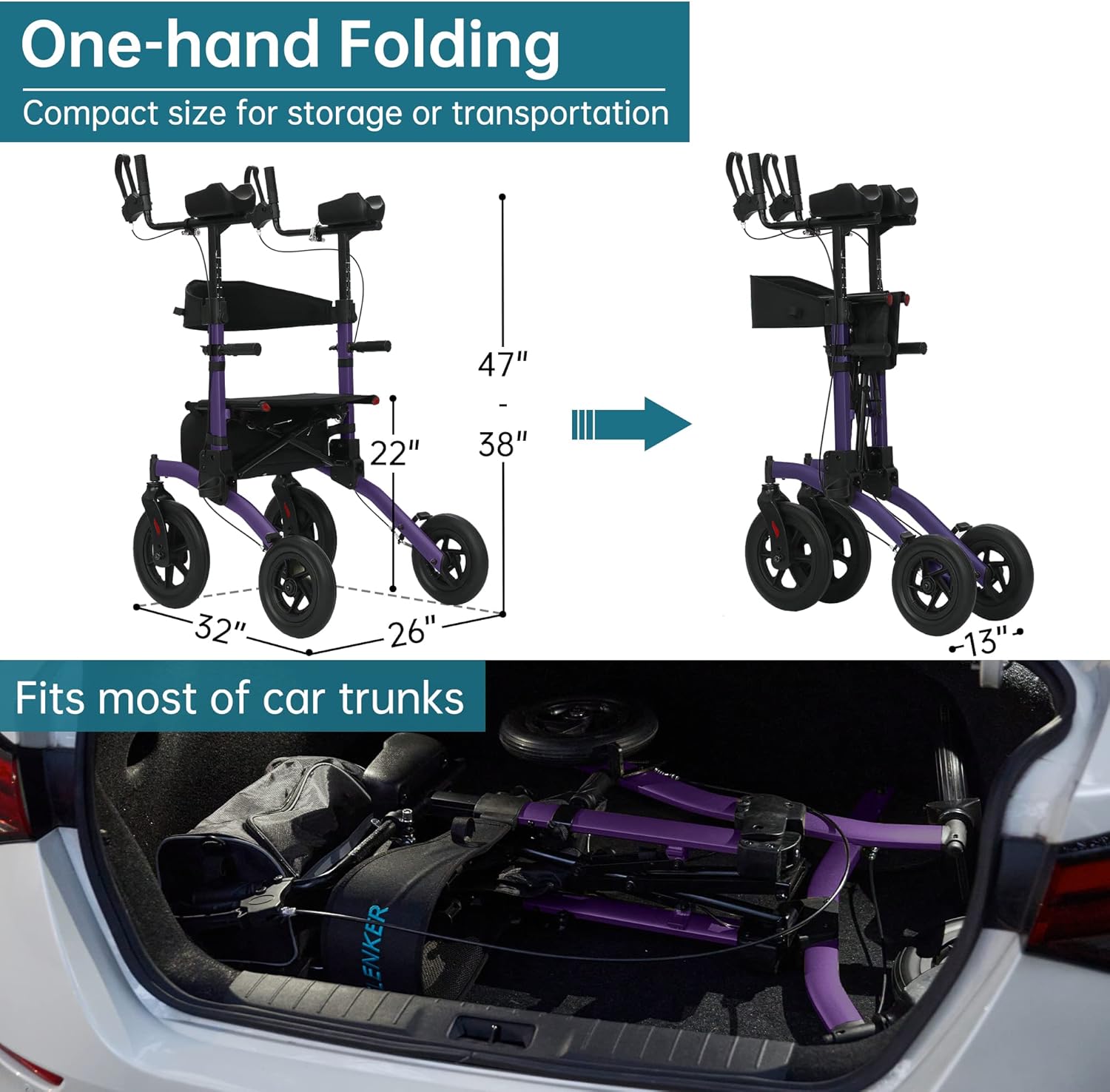 ELENKER Andador vertical todo terreno, andador con asiento, ruedas no neumáticas de 12 pulgadas, diseño plegable compacto para personas mayores,