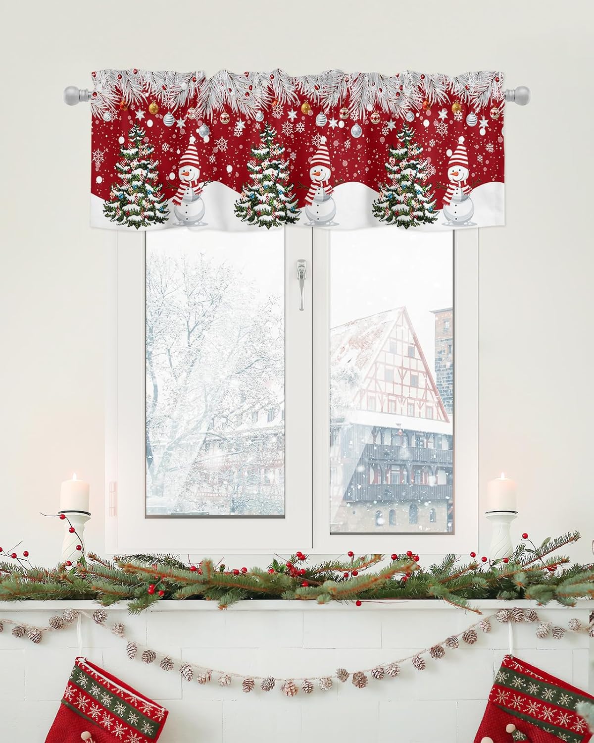 Cortinas de cenefa de Navidad para ventanas de cocina, árbol de Navidad, lindo muñeco de nieve, copos de nieve, agujas de pino, cenefas de ventana
