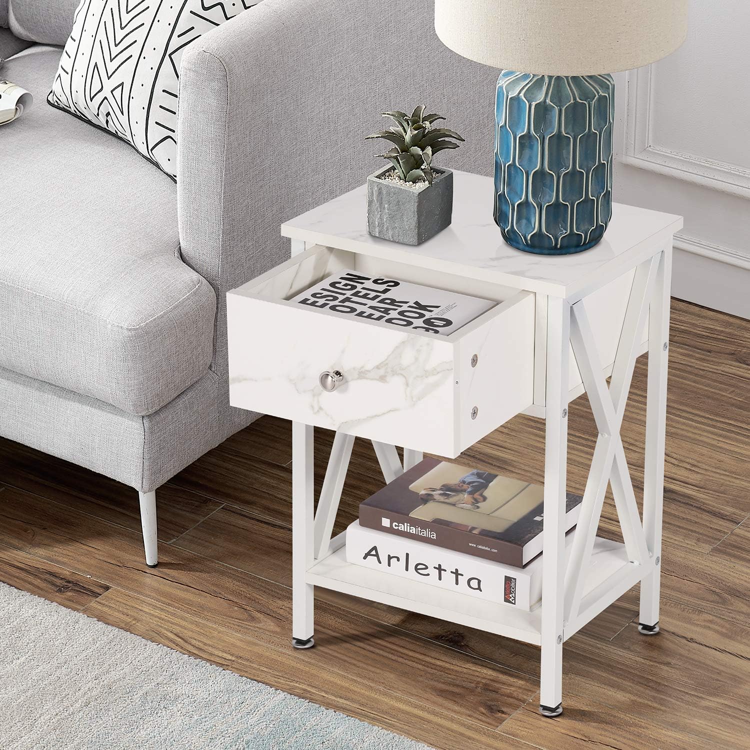 VECELO Mesa lateral con repisas Diseño en X Buró Mesa de noche Mueble versátil para sala de estar o dormitorio