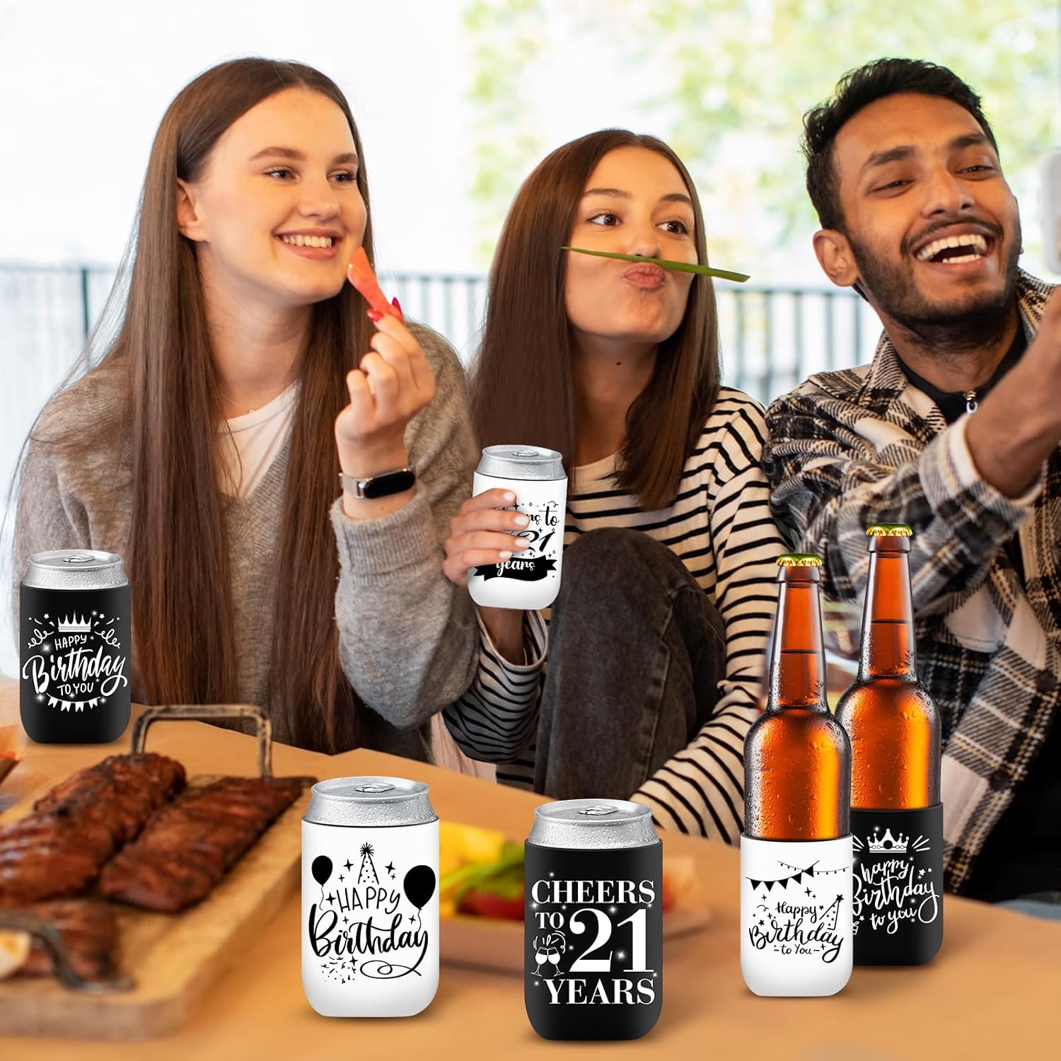 12 fundas enfriadoras para latas de cumpleaños de 21 años, color blanco y negro, decoraciones de cumpleaños 21 para hombres y mujeres, recuerdos de