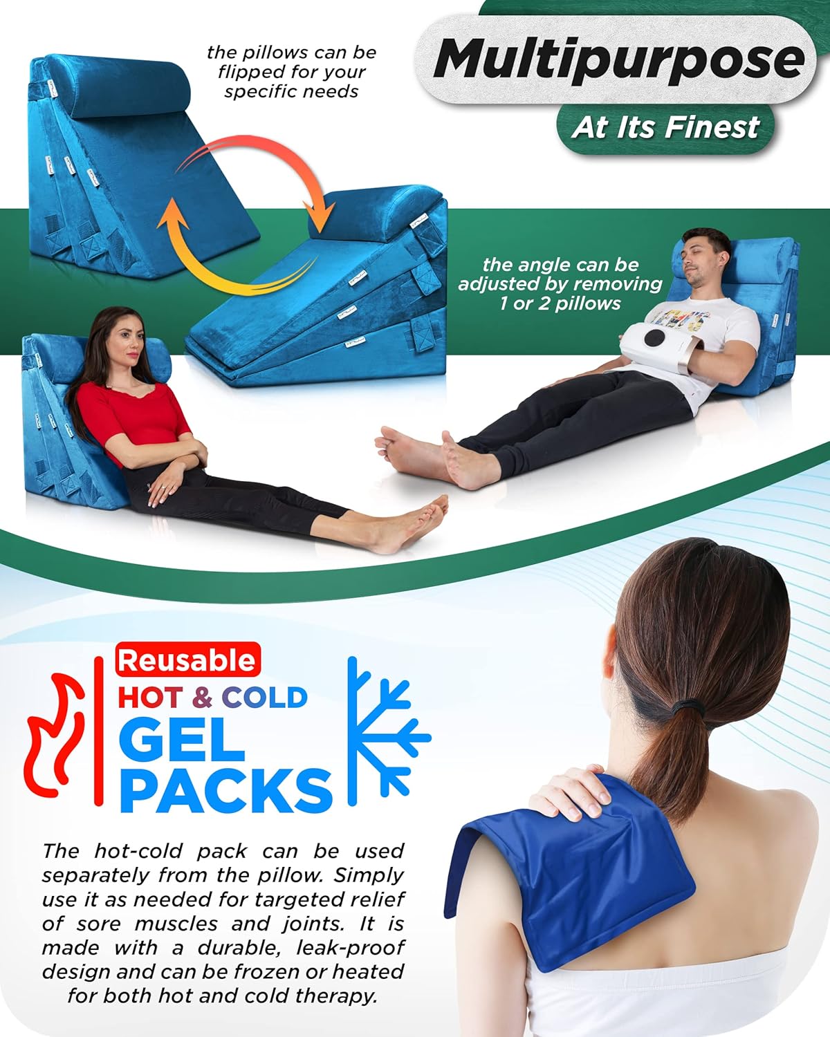 Lunix Juego de 5 almohadas ortopédicas de cuña para cama, espuma viscoelástica poscirugía para aliviar el dolor de espalda, piernas y rodillas,