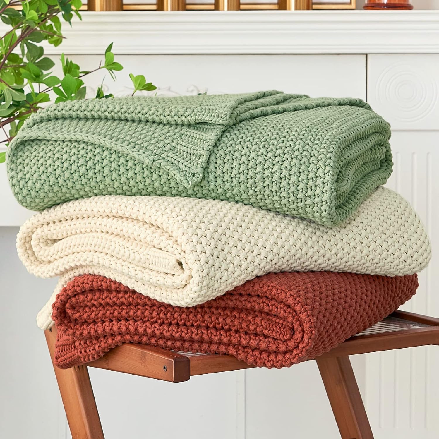 Manta de punto trenzado grueso, ligera, color verde claro, 100% algodón orgánico, para sofá, cama, guardería, rústico, shabby chic, casa de campo