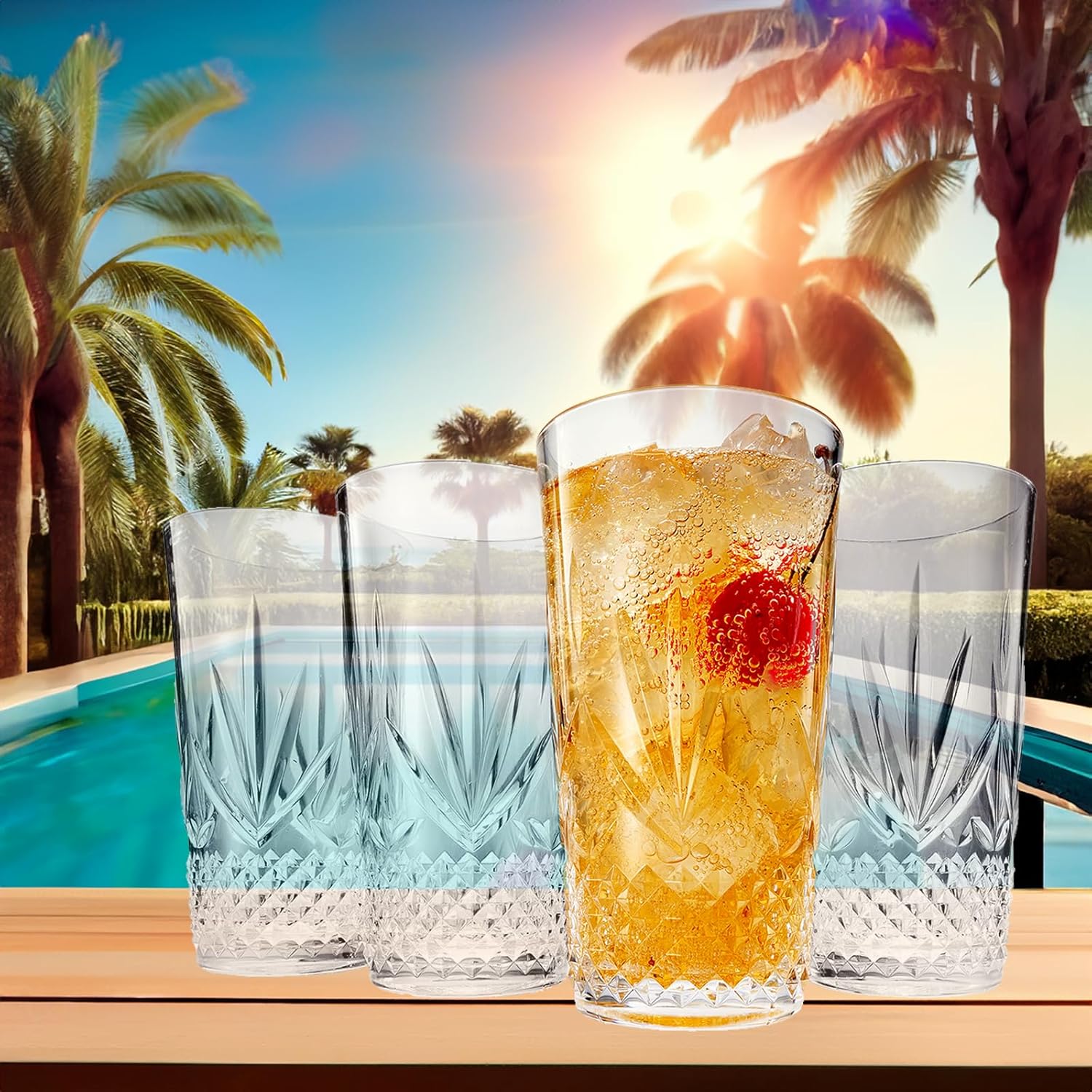 Vasos grandes de plástico Highball para beber, inastillables y reutilizables, acrílico transparente, juego de 4 unidades, vasos de cristal similar,