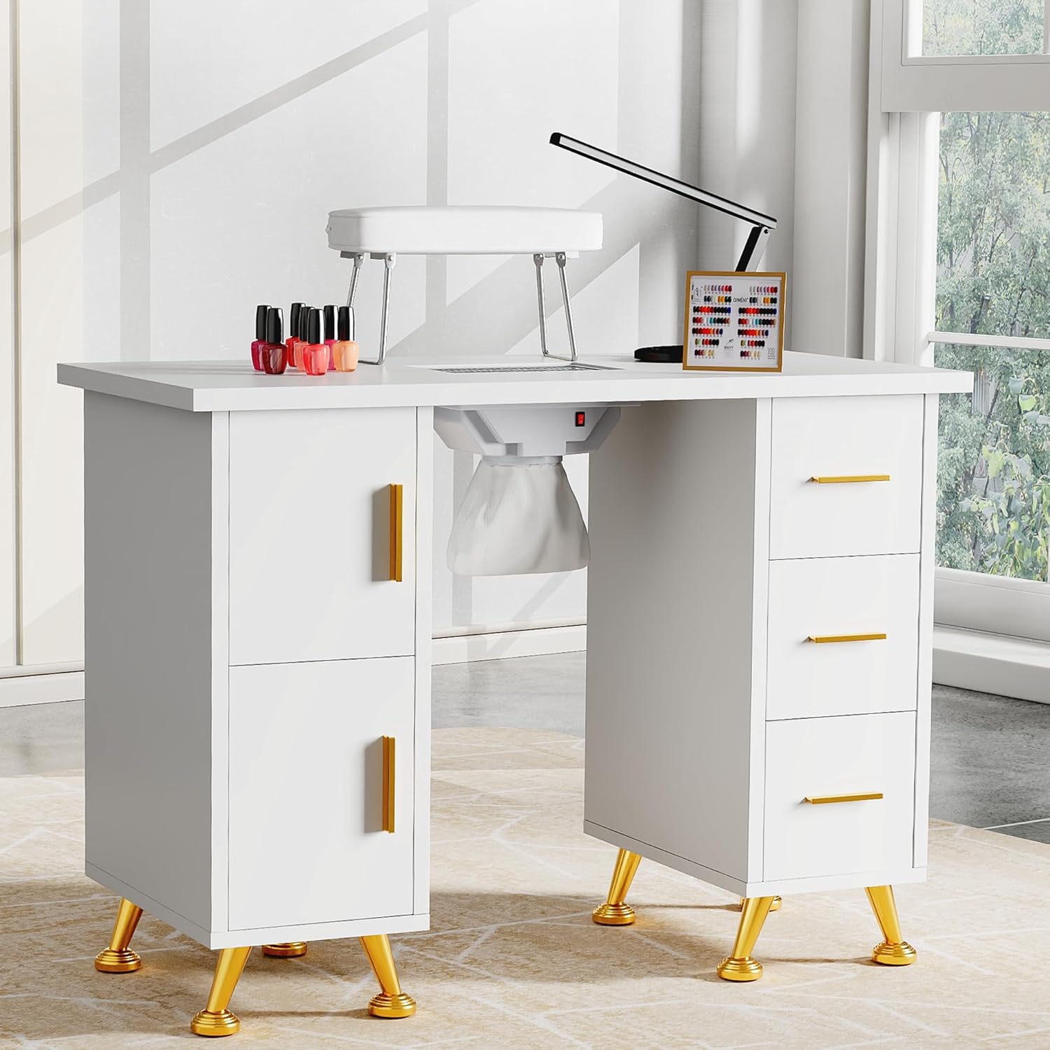 Hicomony Mesa de uñas blanca para tecnología de uñas, mesa de manicura con reposabrazos, colector de polvo de uñas, resistente a acetona, mesa de