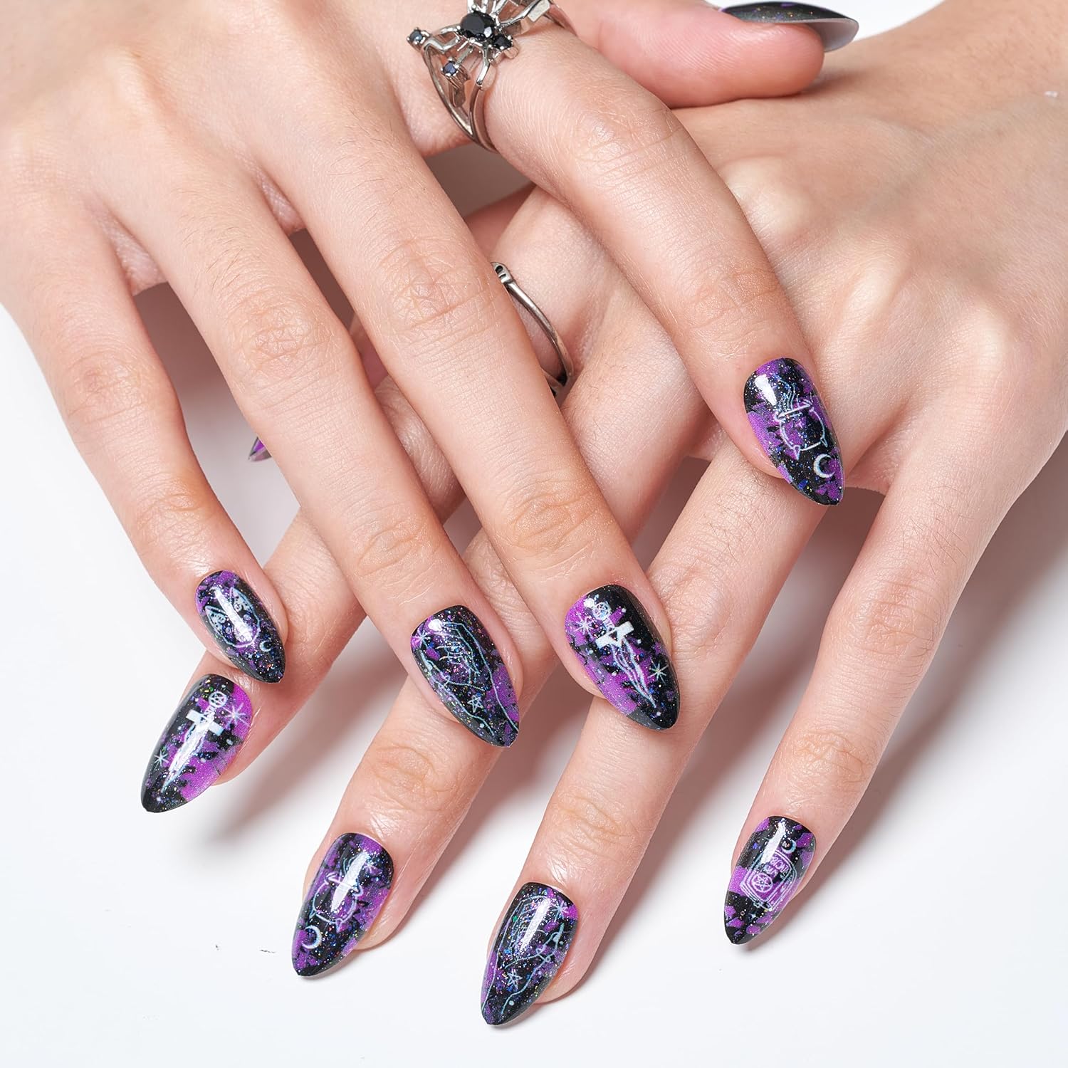 GLAMERMAID – Uñas postizas cortas a presión, color almendra, gótico, morado, pociones, gato, pegamento en uñas de gel, 30 piezas de uñas postizas