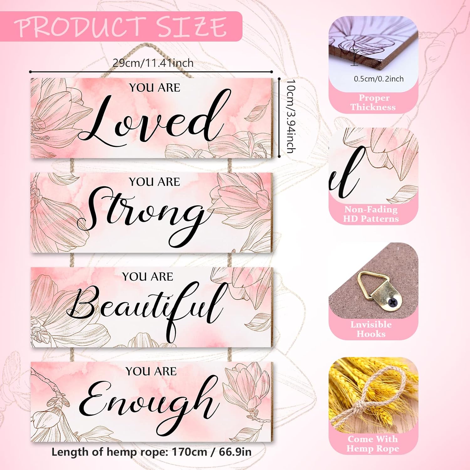 4 piezas de decoración de habitación rosa para niñas, decoración de pared colgante de flores que te encanta, lo suficientemente fuerte, arte de
