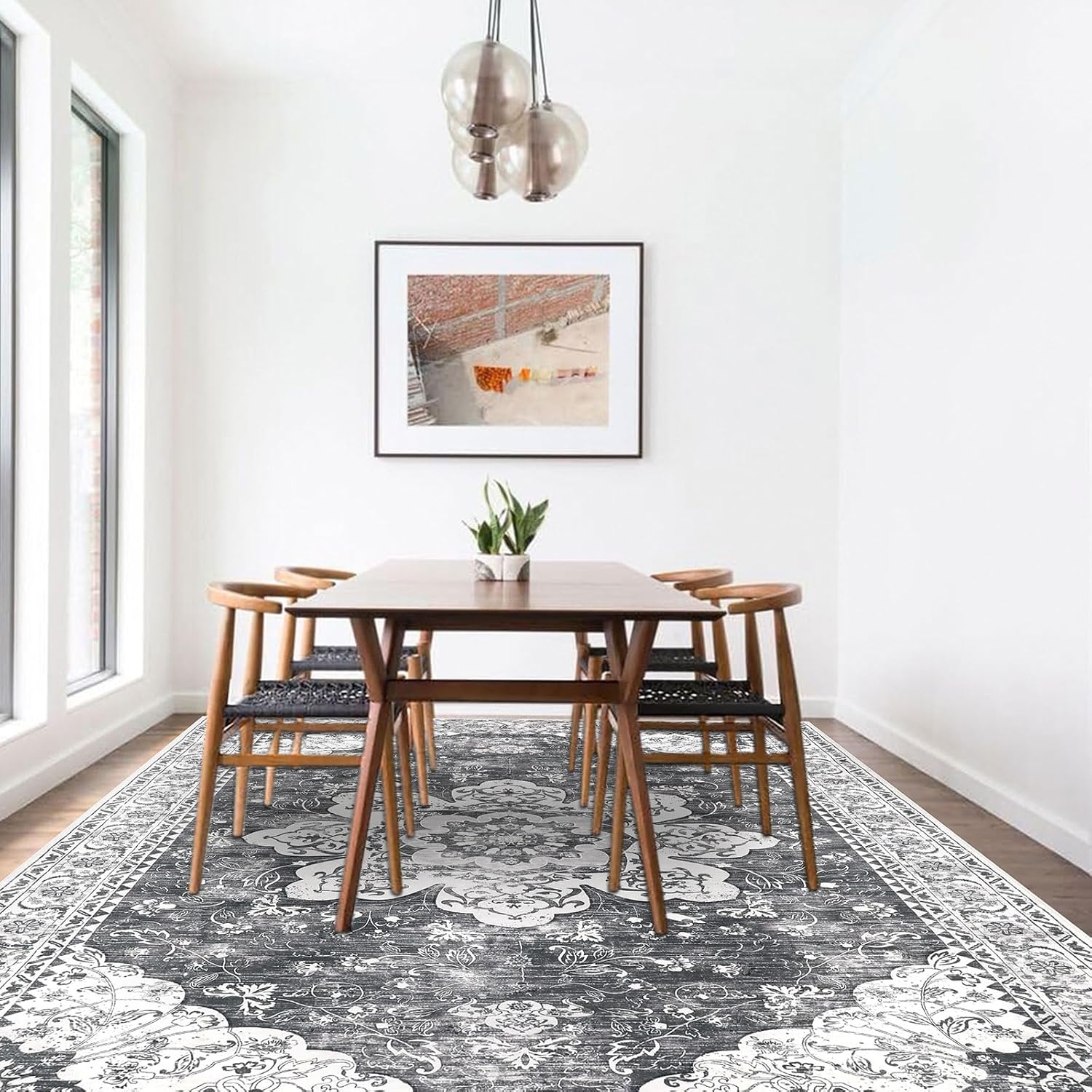 Ileading Alfombra bohemia vintage de 6 x 9 pies, lavable a máquina, de pelo bajo, no desprende pelusa, antideslizante, para dormitorio, comedor,