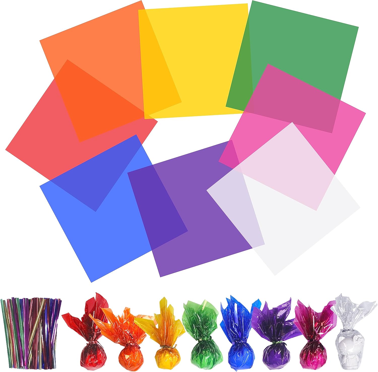 joaoxoko Envoltura de celofán, hojas de celofán de colores de 14 x 14 pulgadas para manualidades, regalos, envoltura de dulces, decoración de