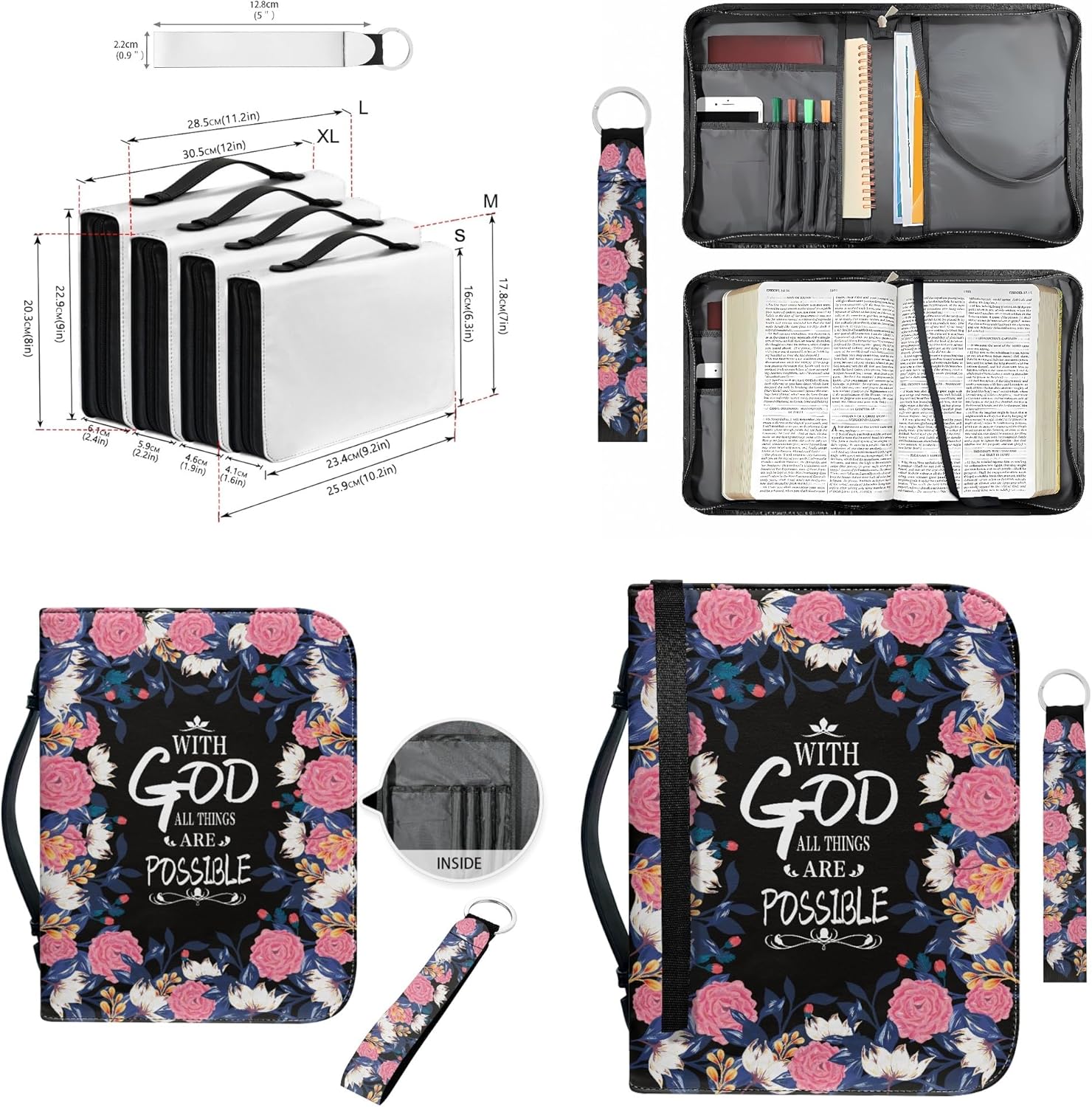 Fundas de Biblia de flores para mujeres, funda de Biblia extra grande con estampado de versículos para niñas y hombres con asa con cremallera y
