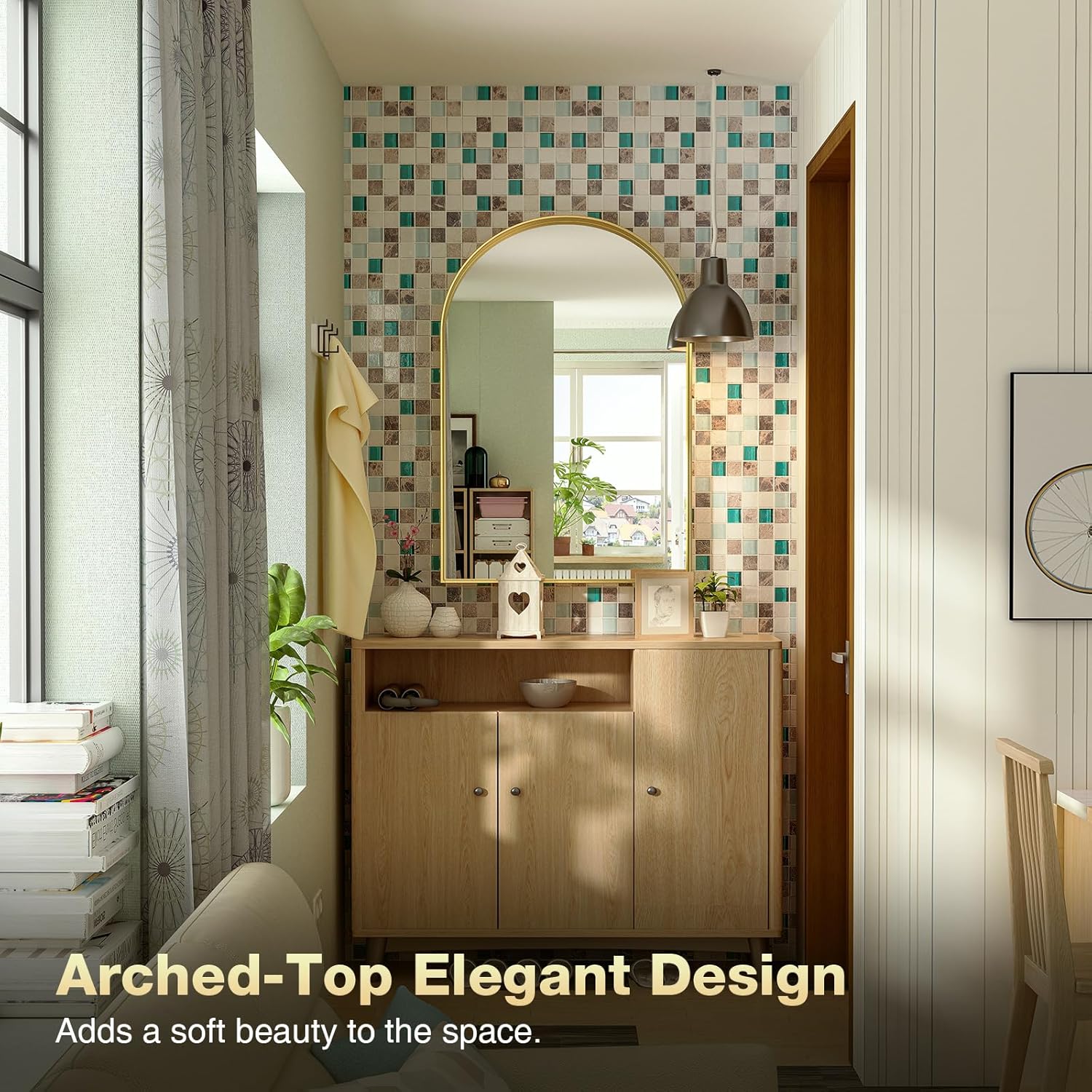 Brightify Espejo arqueado, espejo de pared arqueado, 23.9 x 31.9 pulgadas, espejo de arco dorado con marco de metal, espejo de baño con parte