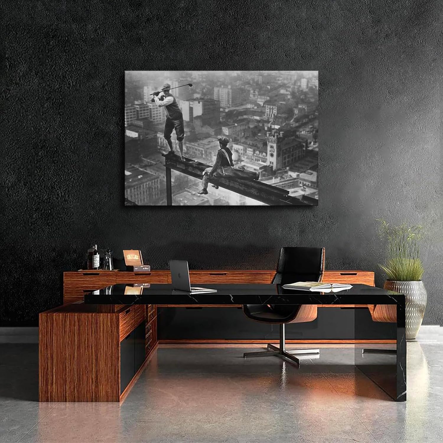 Póster de golf en la viga de rascacielos, arte de pared de golf, arte en blanco y negro, póster de pared vintage, decoración de sala de estar,