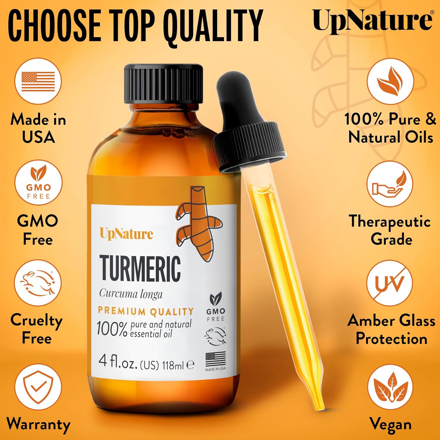 UpNature Aceite esencial de cúrcuma – 100% natural y puro, de alta calidad, para aromaterapia, sin diluir, aumenta las defensas naturales, 4 oz