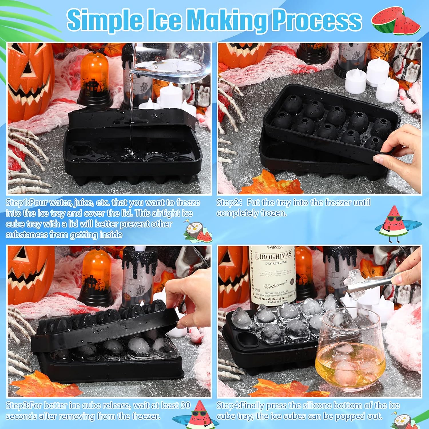 Hoolerry Paquete de 2 moldes para cubitos de hielo de calavera de silicona, molde flexible para cubitos de hielo de calavera para hornear whisky,