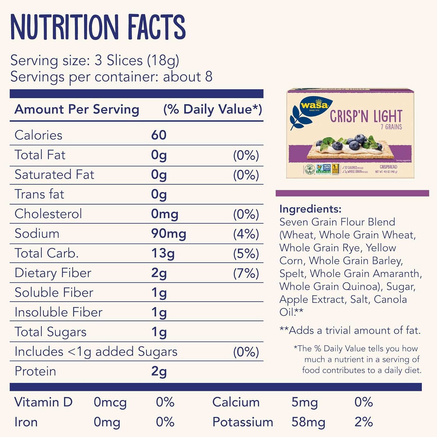 Wasa Crisp’N Light – Pan crujiente de 7 granos, 4.9 onzas (paquete de 4), galletas, sin grasa, sin grasa saturada, 0.00 oz de grasas trans, sin
