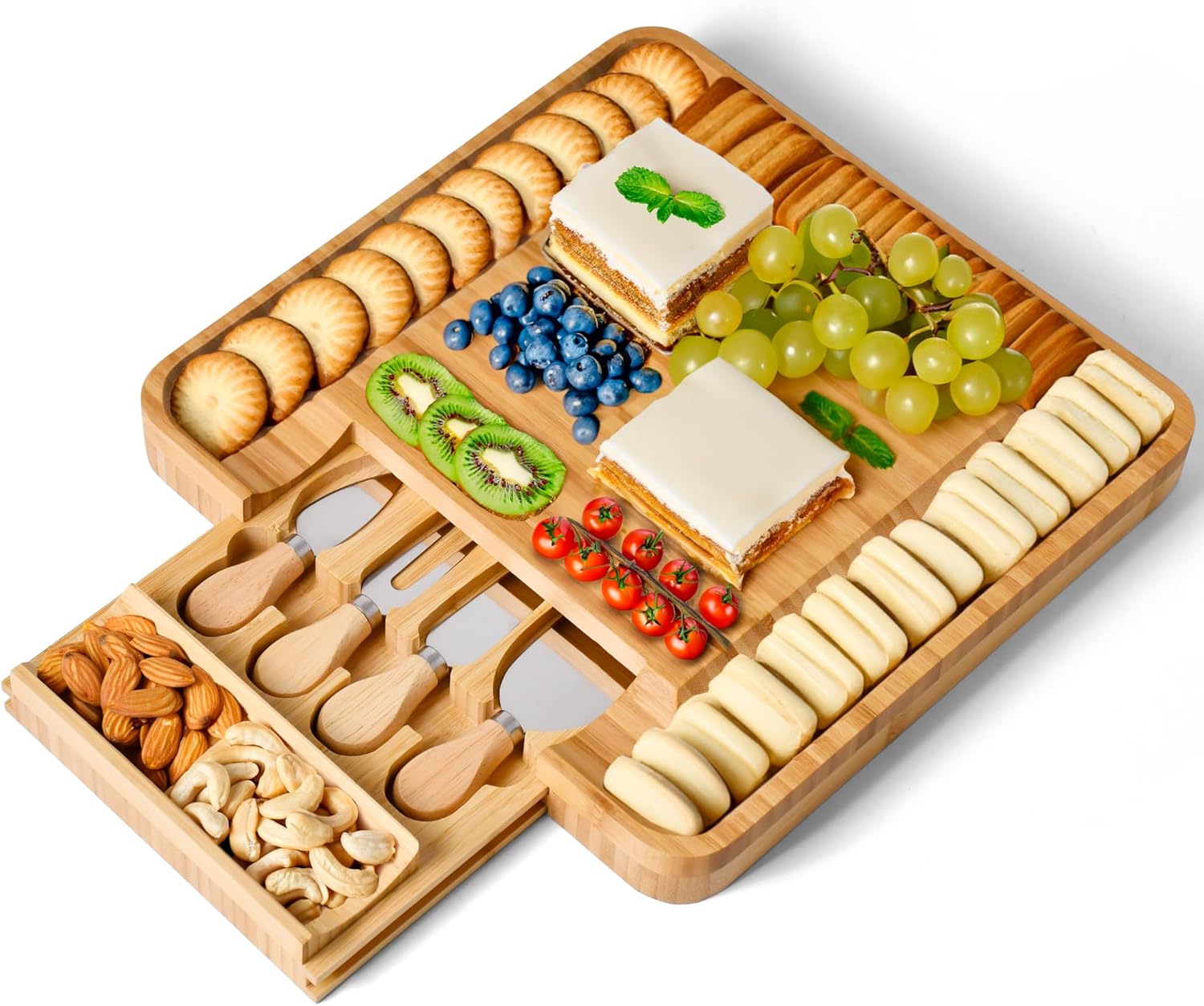Juego de tabla de queso de bambú y cuchillos, juego de tabla cuadrada de charcutería con bandeja deslizante, tabla de cortar de gran tamaño con