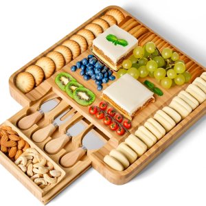 Juego de tabla de queso de bambú y cuchillos, juego de tabla cuadrada de charcutería con bandeja deslizante, tabla de cortar de gran tamaño con Juego de tabla de queso de bambú y cuchillos, juego de tabla cuadrada de charcutería con bandeja deslizante, tabla de cortar de gran tamaño con