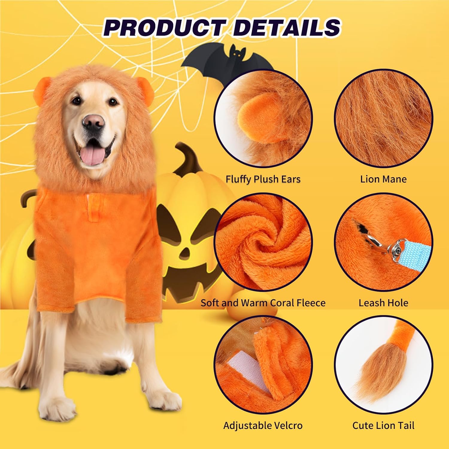 BWOGUE Disfraz de león para perros grandes, disfraz de perro león de Halloween, sudadera con capucha de forro polar cálido con agujero para correa,