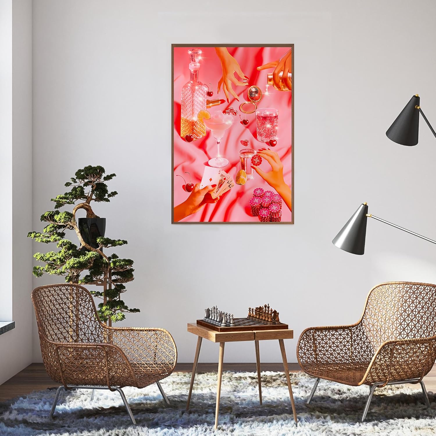 Arte de pared de moda, póquer rosa vintage, lindo y divertido cóctel, casino, dados en lienzo, arte de pared genial y funky para bebidas, bola de