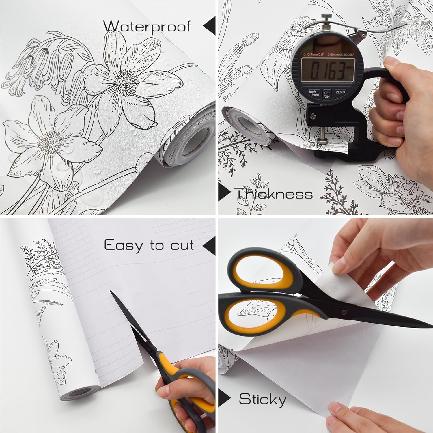 Papel tapiz floral en blanco y negro, papel de contacto floral para gabinetes, autoadhesivo, extraíble, para dormitorio, decoración moderna de pared