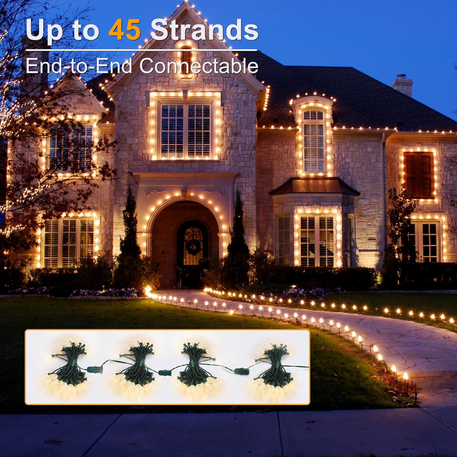 Brizled Luces de Navidad, 33 pies, 50 luces LED facetadas C9 para exteriores, luces de árbol de Navidad conectables, luces de Navidad para